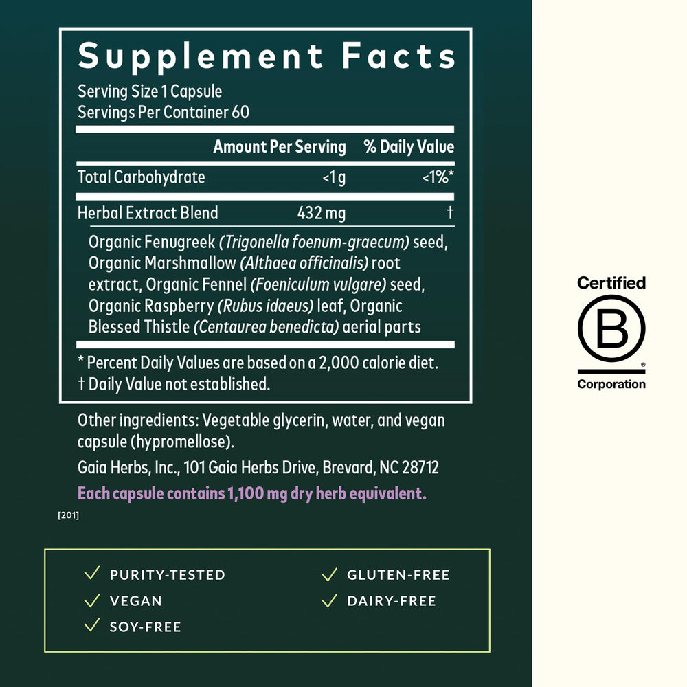 Gaia Herbs fenugreek seed ingredient highlighted, traditional herb used in blends.
