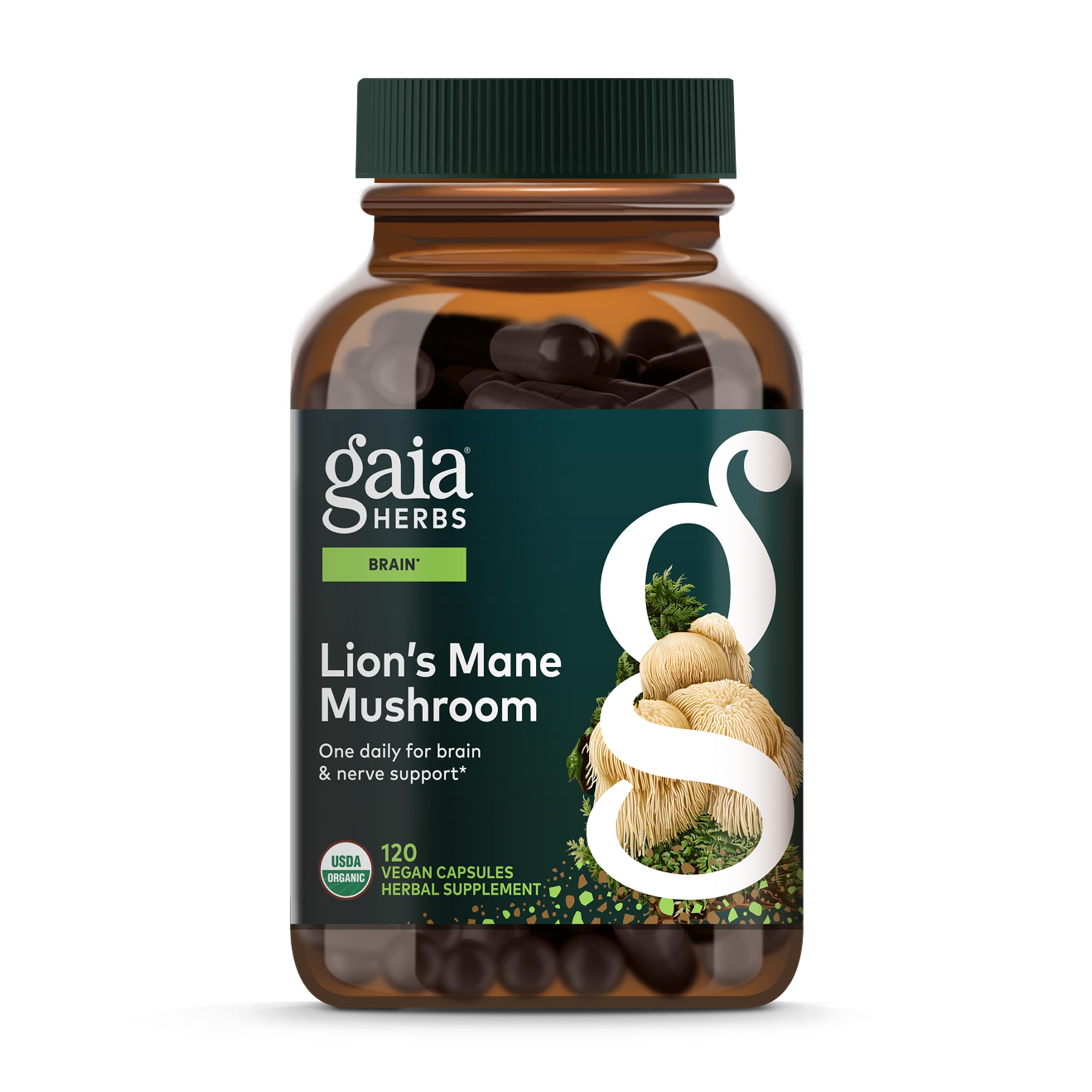 Gaia Herbs Lion's Mane bottle front signaling vegan brain support