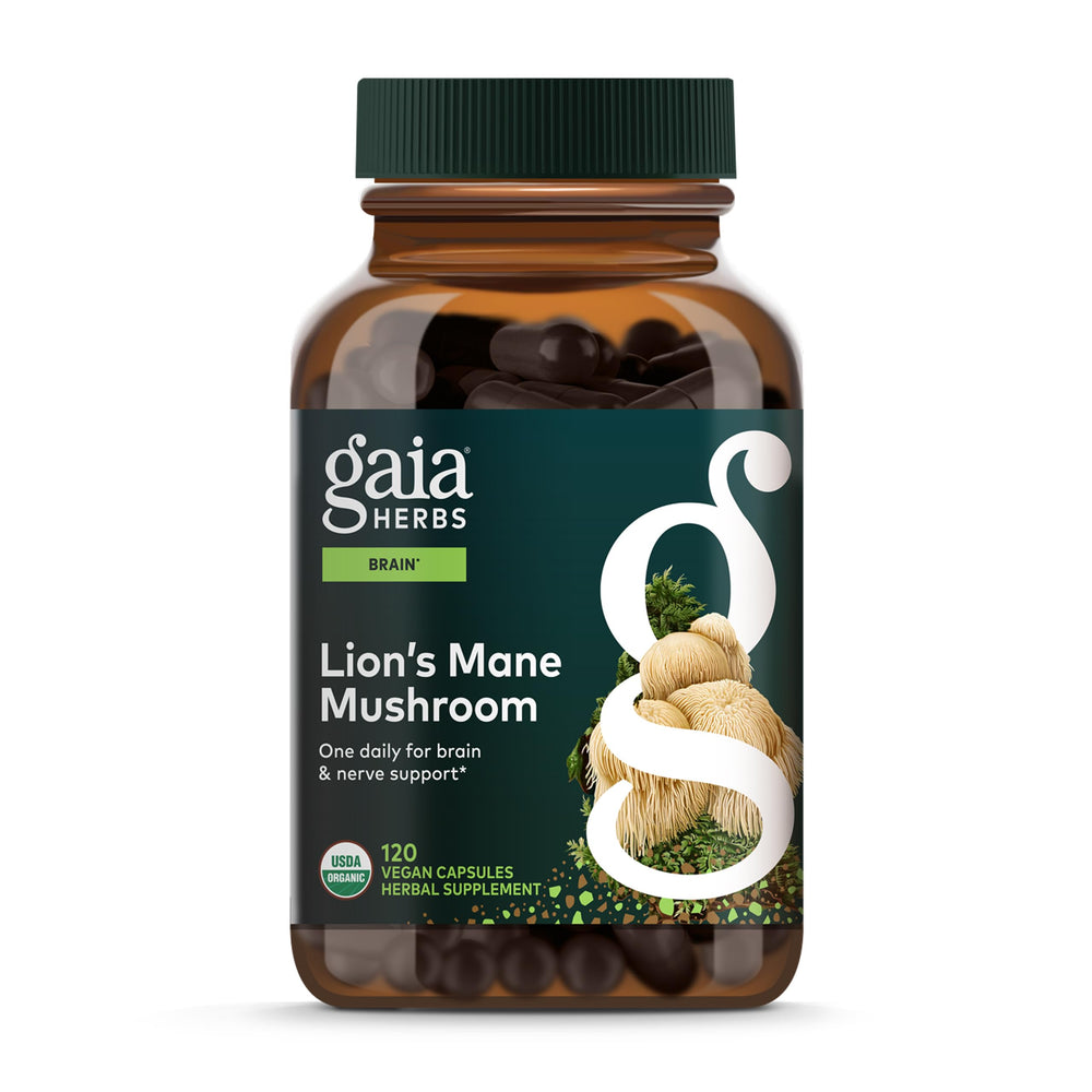 Gaia Herbs Lion's Mane bottle front signaling vegan brain support