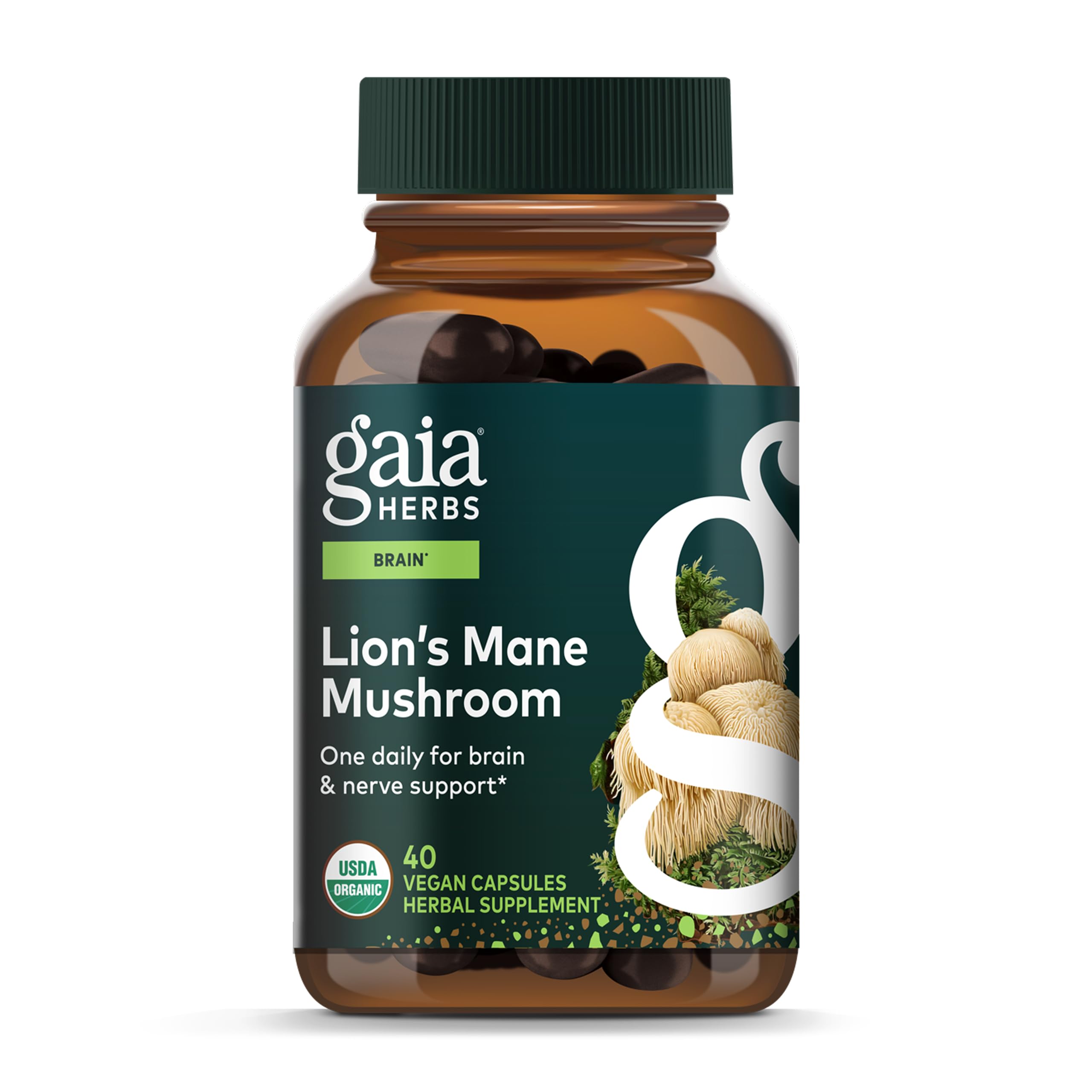 Gaia Herbs Lion's Mane capsules bottle, potential brain and nerve health support