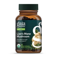 Gaia Herbs Lion's Mane capsules bottle, potential brain and nerve health support