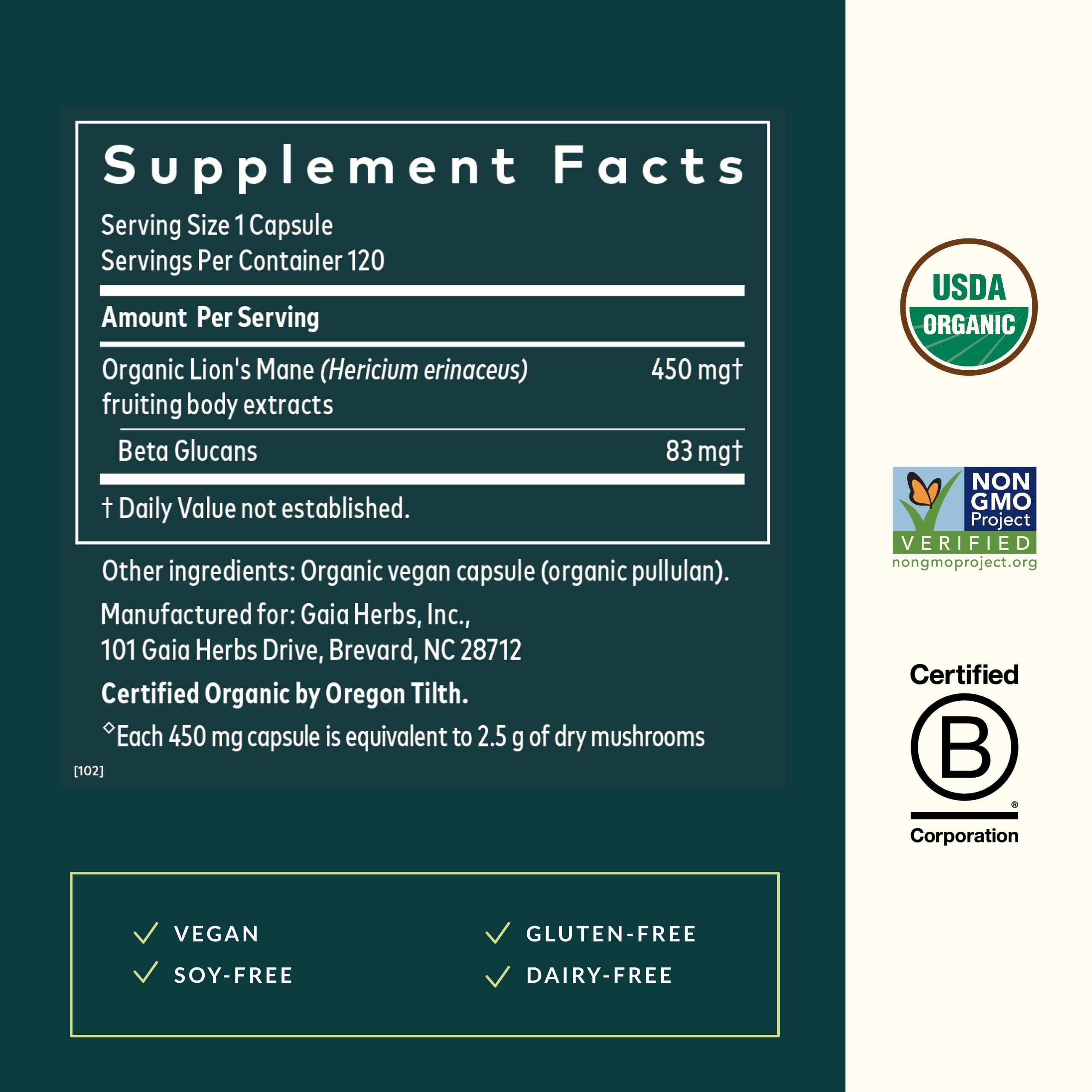 Gaia Herbs Lion's Mane label detail with organic certification