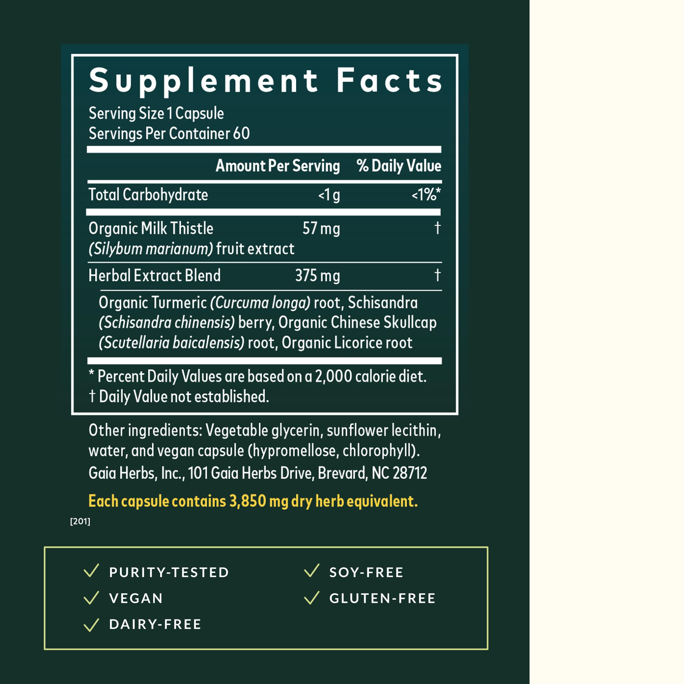 Gaia Herbs Liver Health capsules poured to reveal vegan liquid phyto-caps.