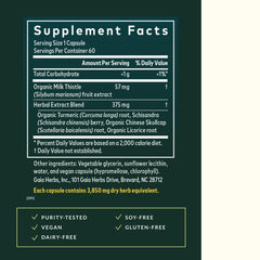 Gaia Herbs Liver Health capsules poured to reveal vegan liquid phyto-caps.