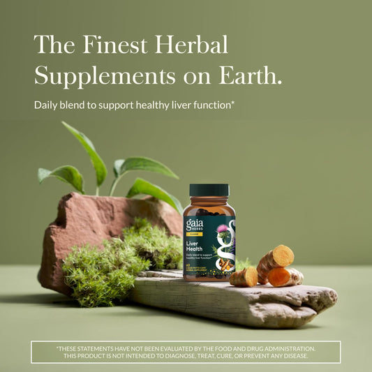 Gaia Herbs Liver Health label close-up showing key ingredients.