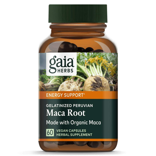Gaia Herbs Maca Root 60 caps bottle supports energy and mood balance.