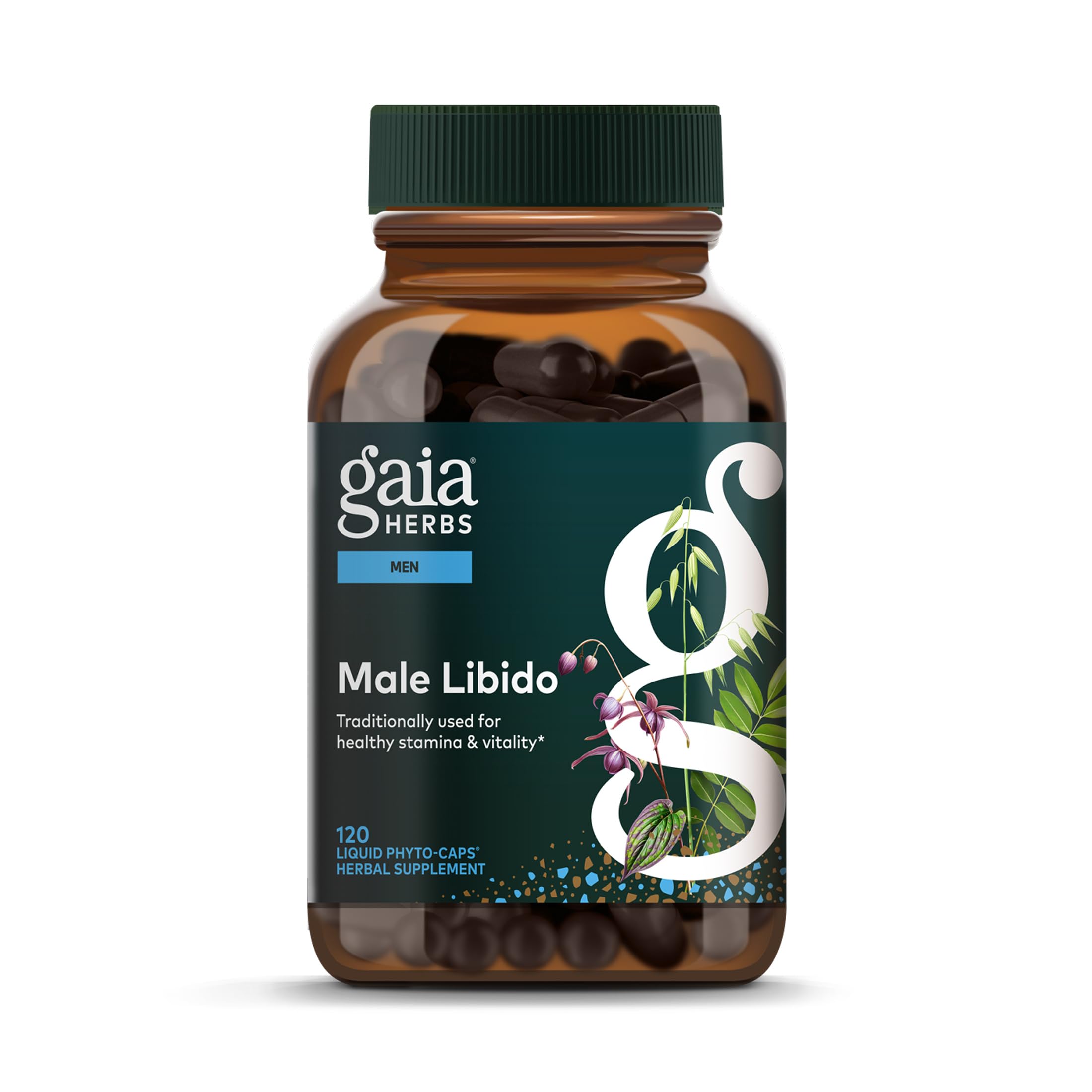 Gaia Herbs Male Libido bottle and label, vegan capsules for daily vitality