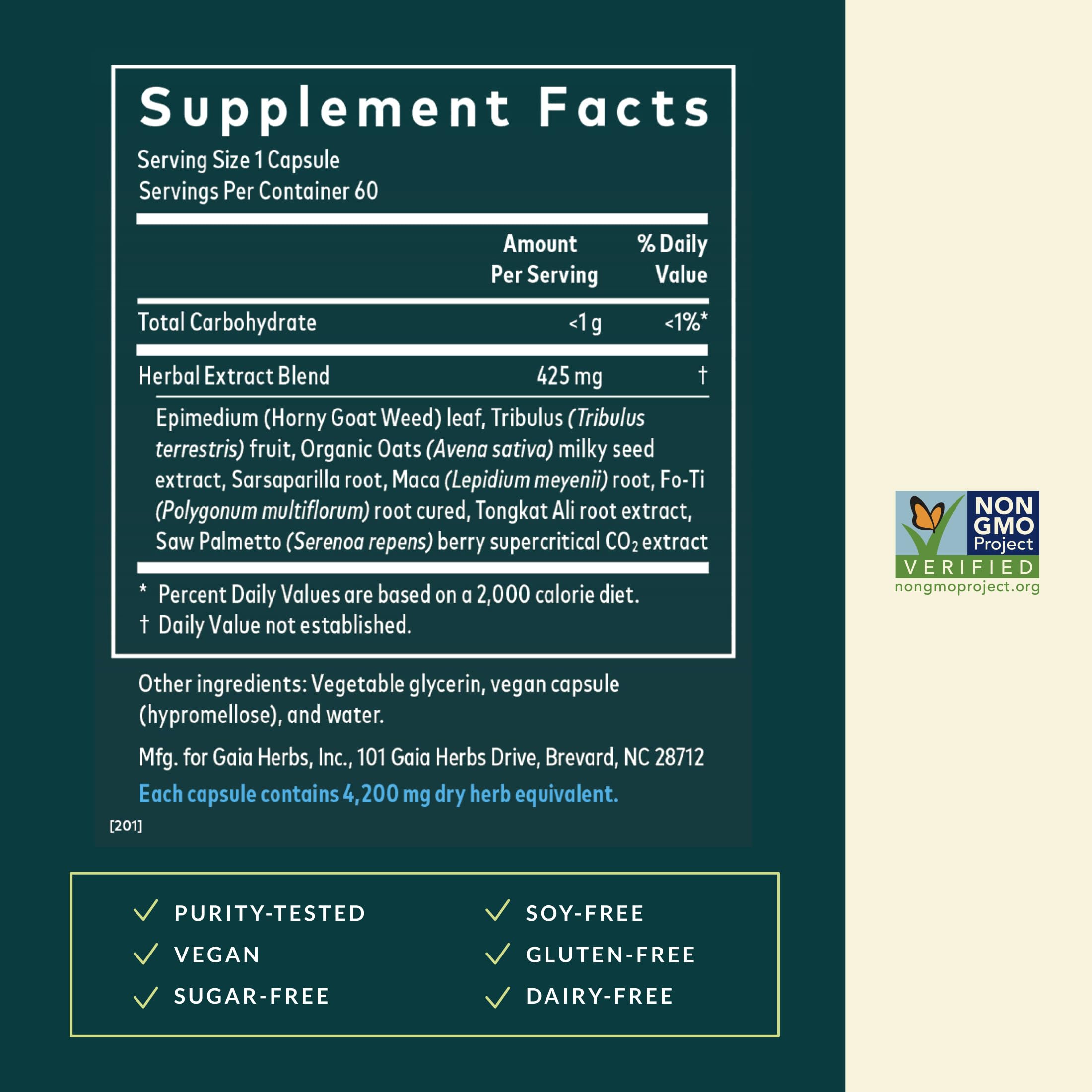 Gaia Herbs Male Libido label close-up emphasizing herbal blend