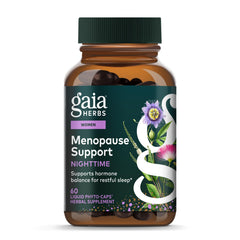 Gaia Herbs Menopause Nighttime bottle on a nightstand supports restful evenings.