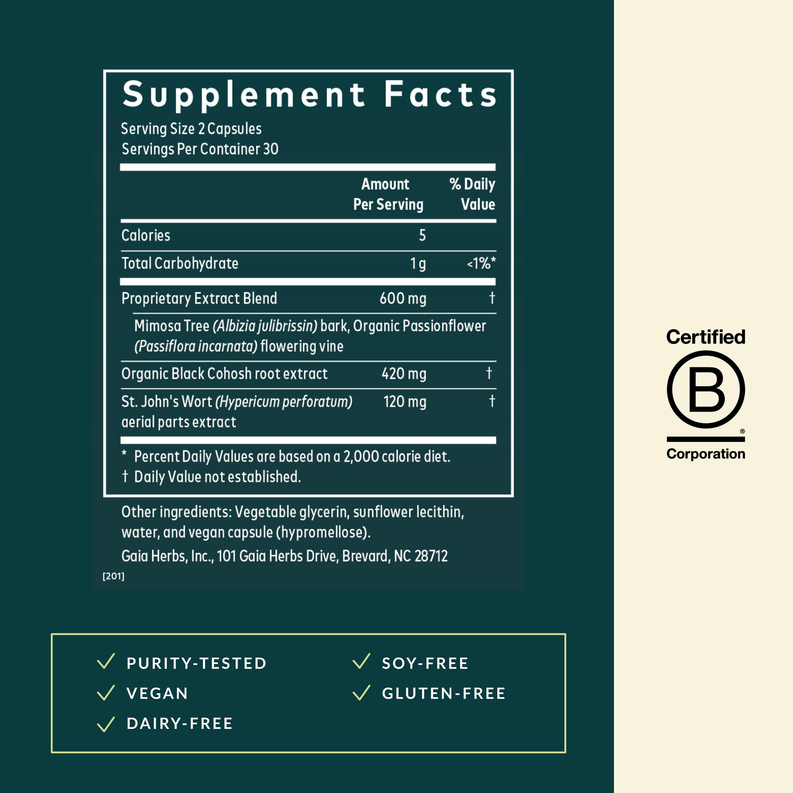Gaia Herbs Menopause Nighttime label details highlight botanical ingredients.