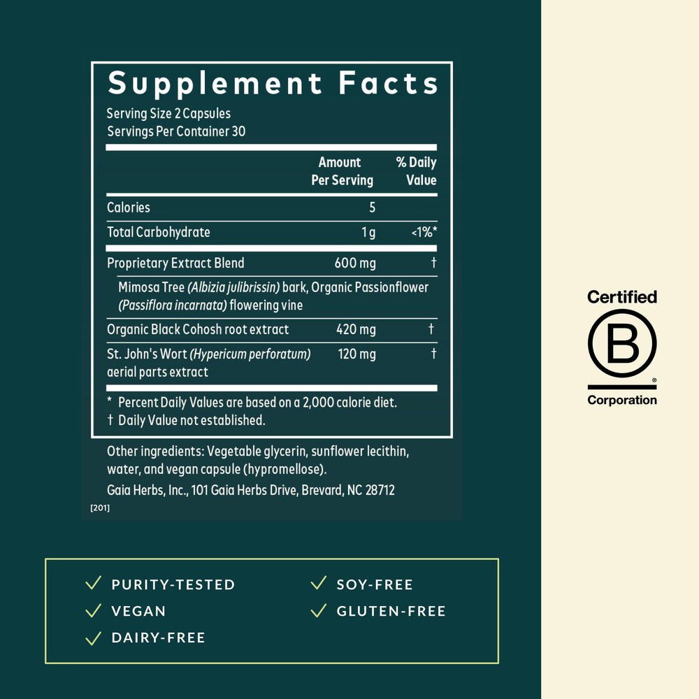 Gaia Herbs Menopause Nighttime label details highlight botanical ingredients.