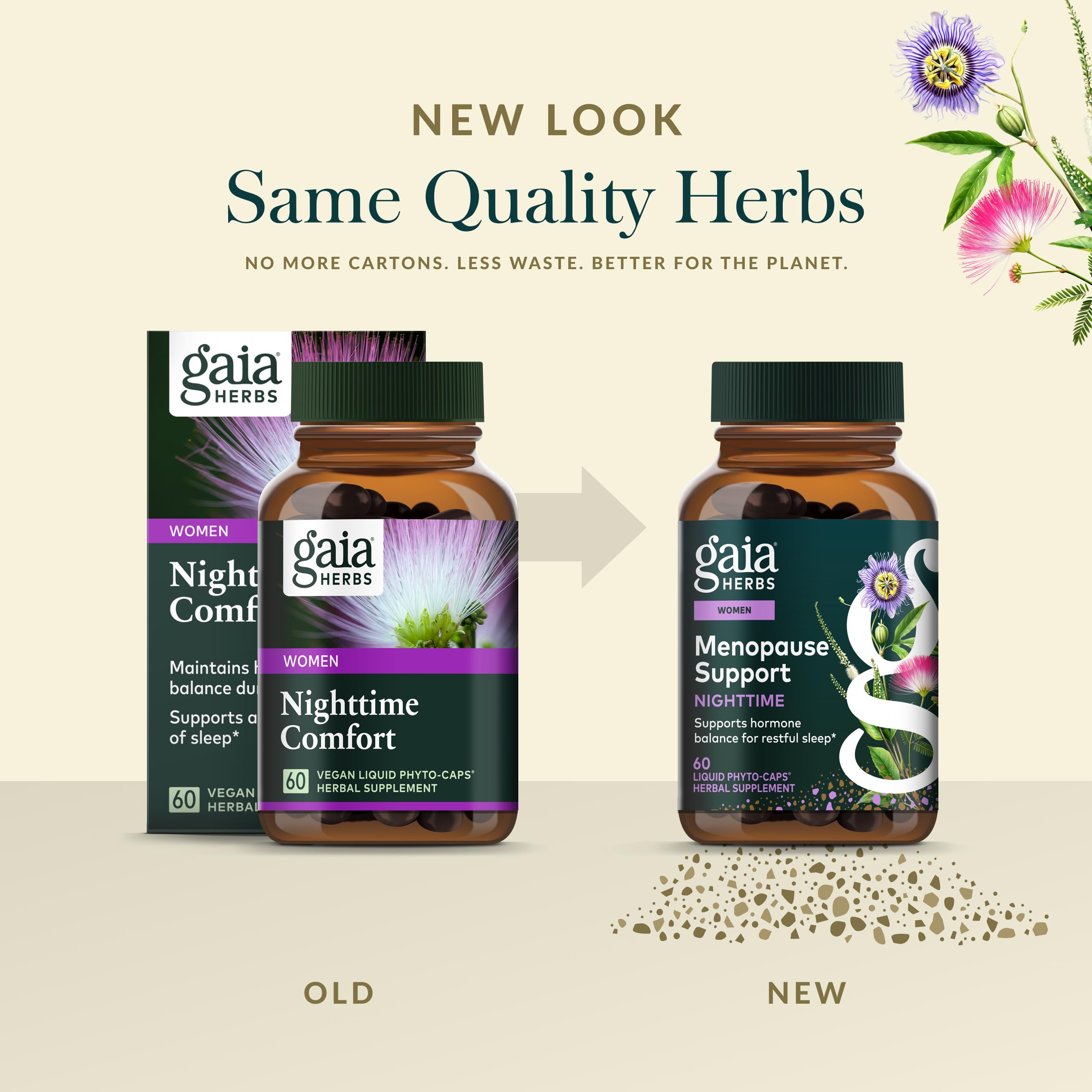 Gaia Herbs Menopause Nighttime vegan phyto-caps indicate plant-based sleep support.