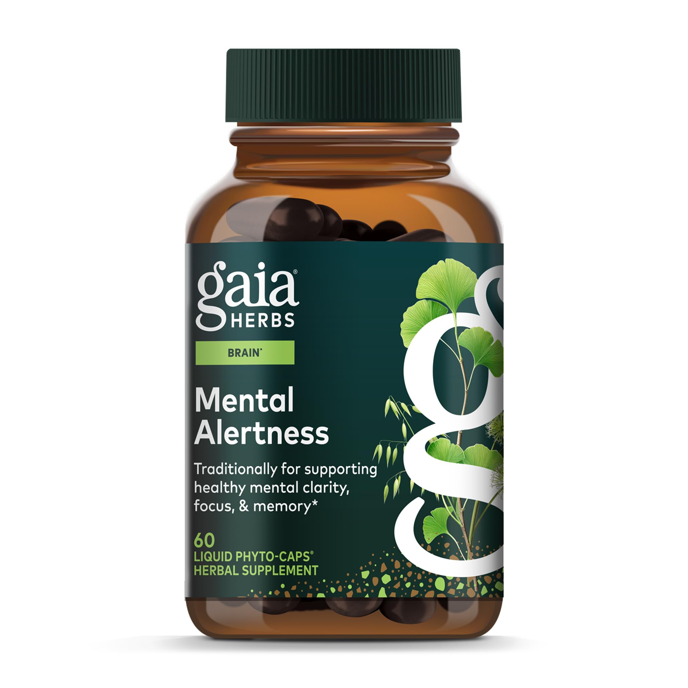 Gaia Herbs Mental Alertness bottle showing jitter-free focus support.