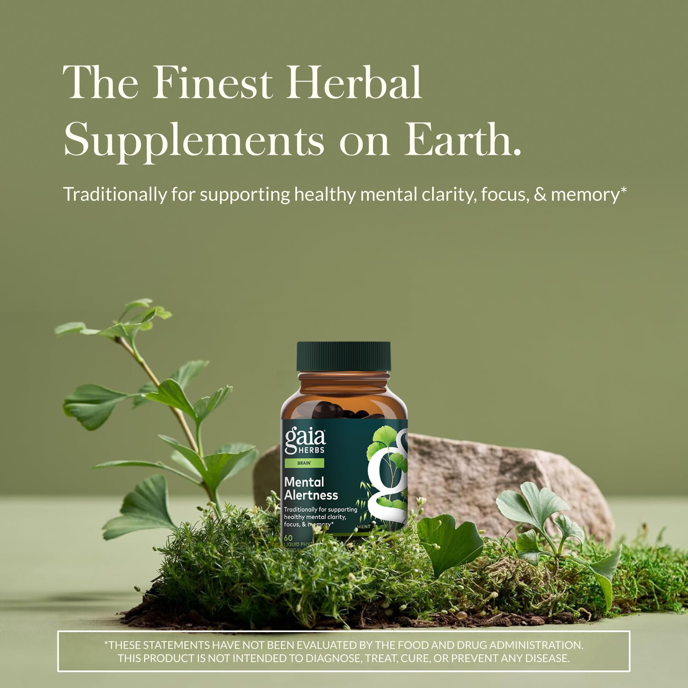 Close-up of Gaia Herbs Mental Alertness capsules for clear memory support.
