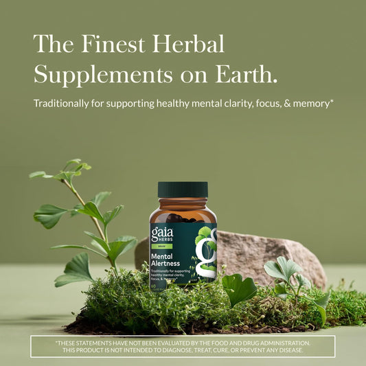 Close-up of Gaia Herbs Mental Alertness capsules for clear memory support.