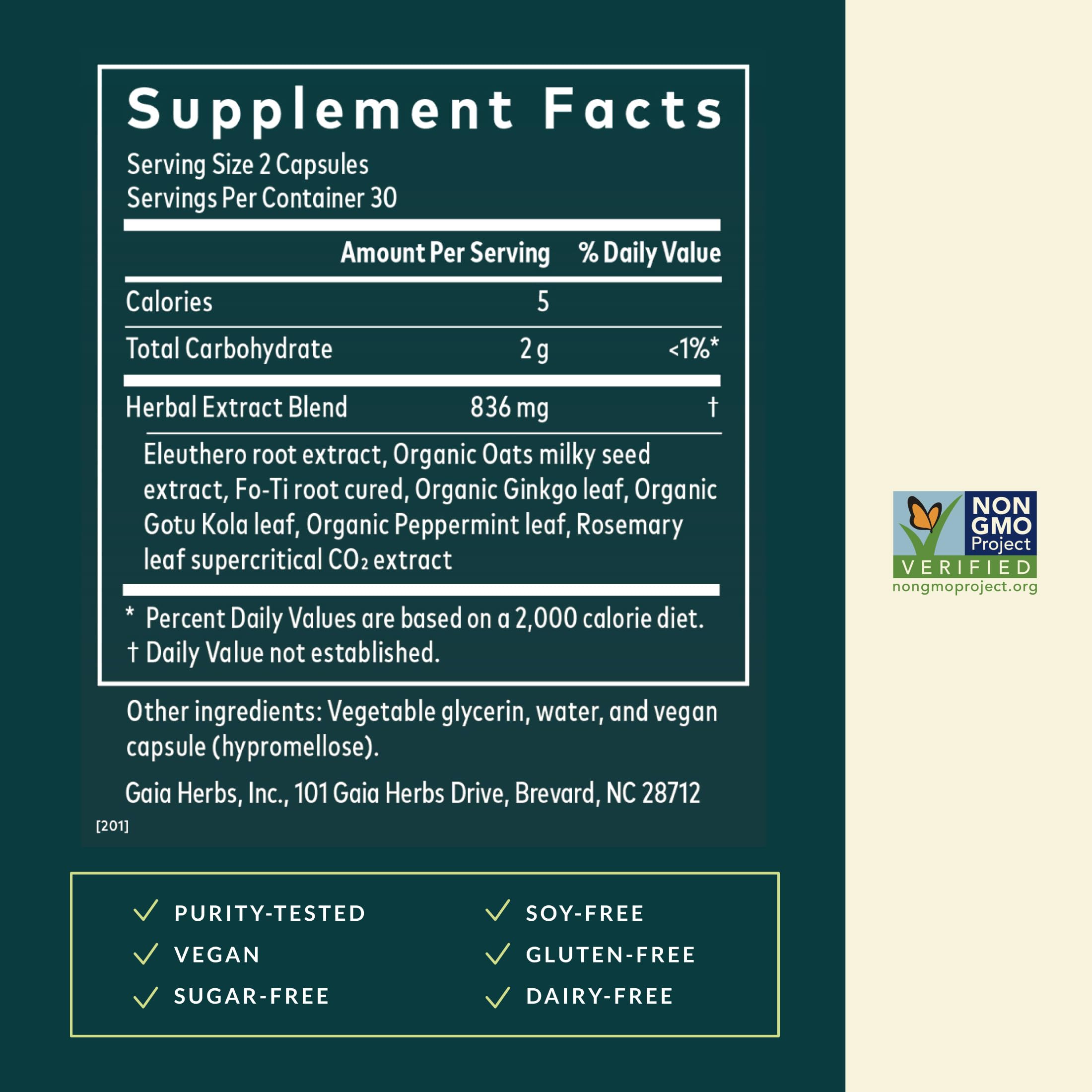 Gaia Herbs Mental Alertness featuring eleuthero root detail for balanced energy.
