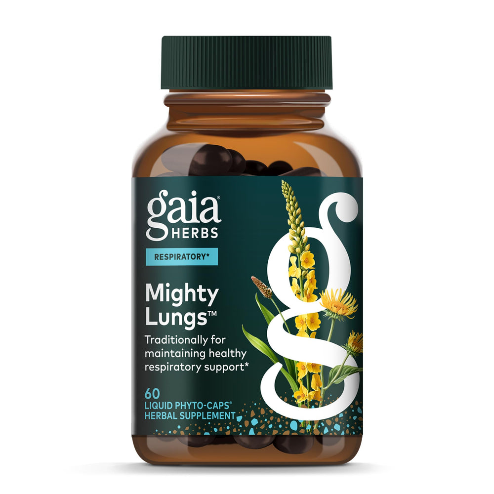 Gaia Herbs Mighty Lungs bottle with clean label for daily respiratory support.