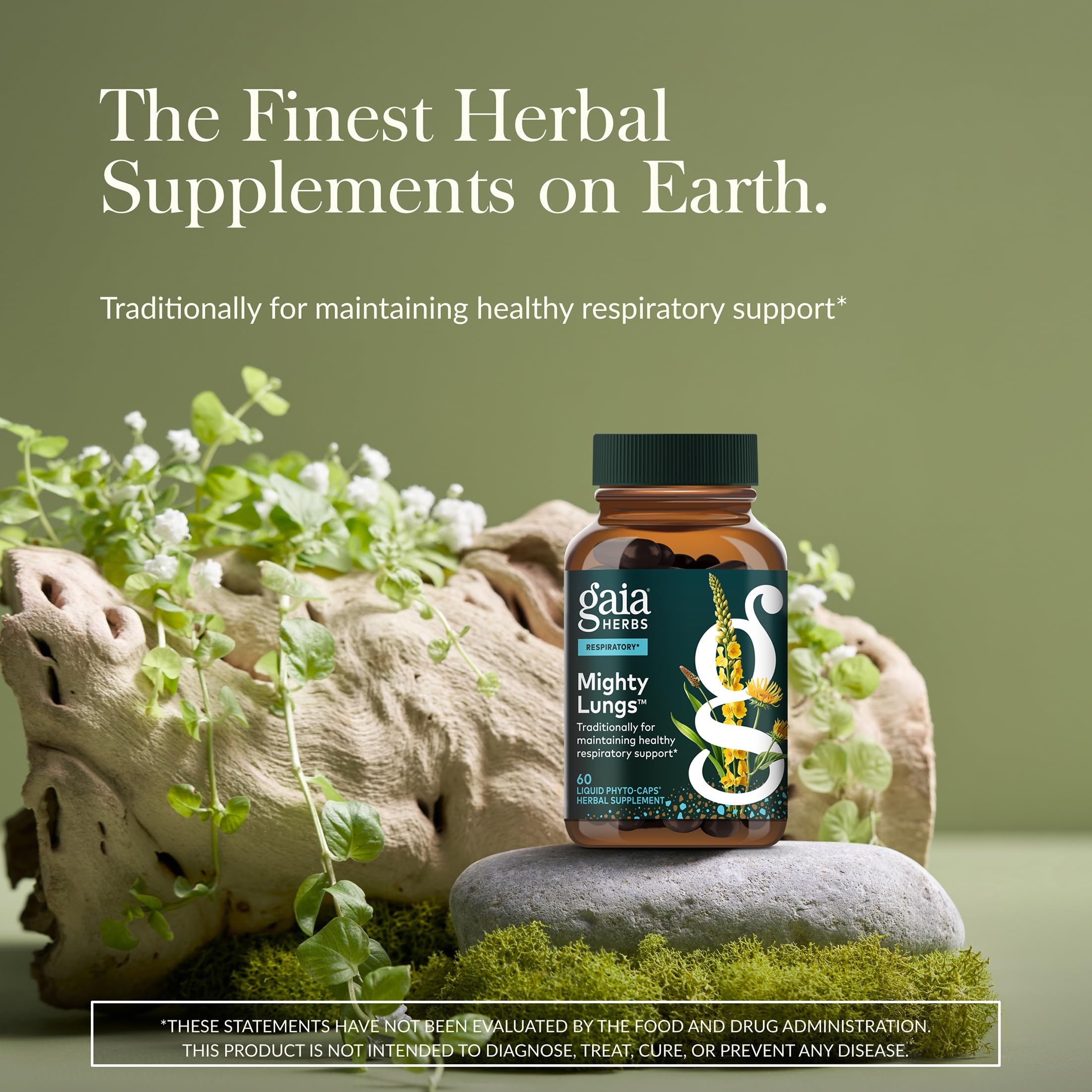 Gaia Herbs Mighty Lungs label close-up highlighting the herbal blend for breathing support.