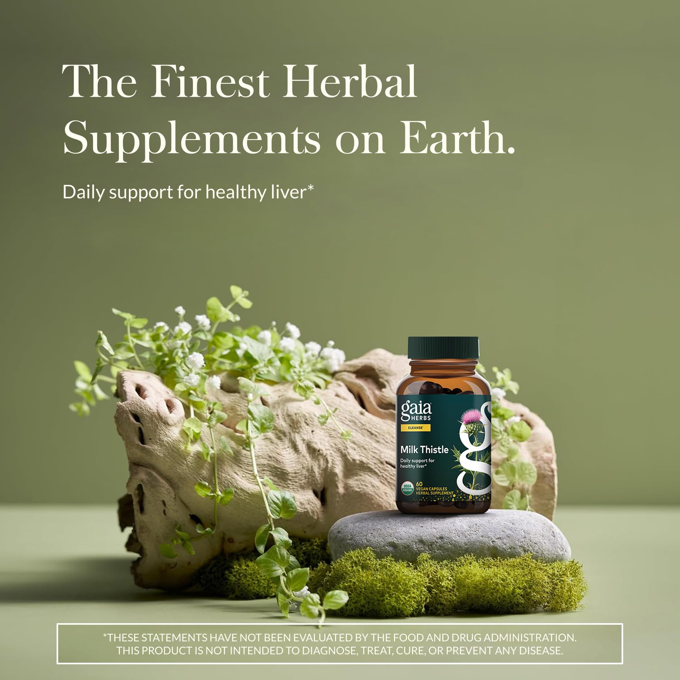 Gaia Herbs Milk Thistle bottle back shows dosage and usage details for liver function