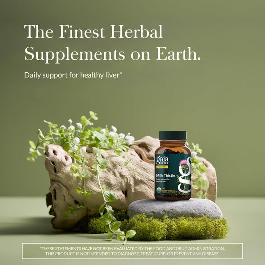 Gaia Herbs Milk Thistle bottle back shows dosage and usage details for liver function