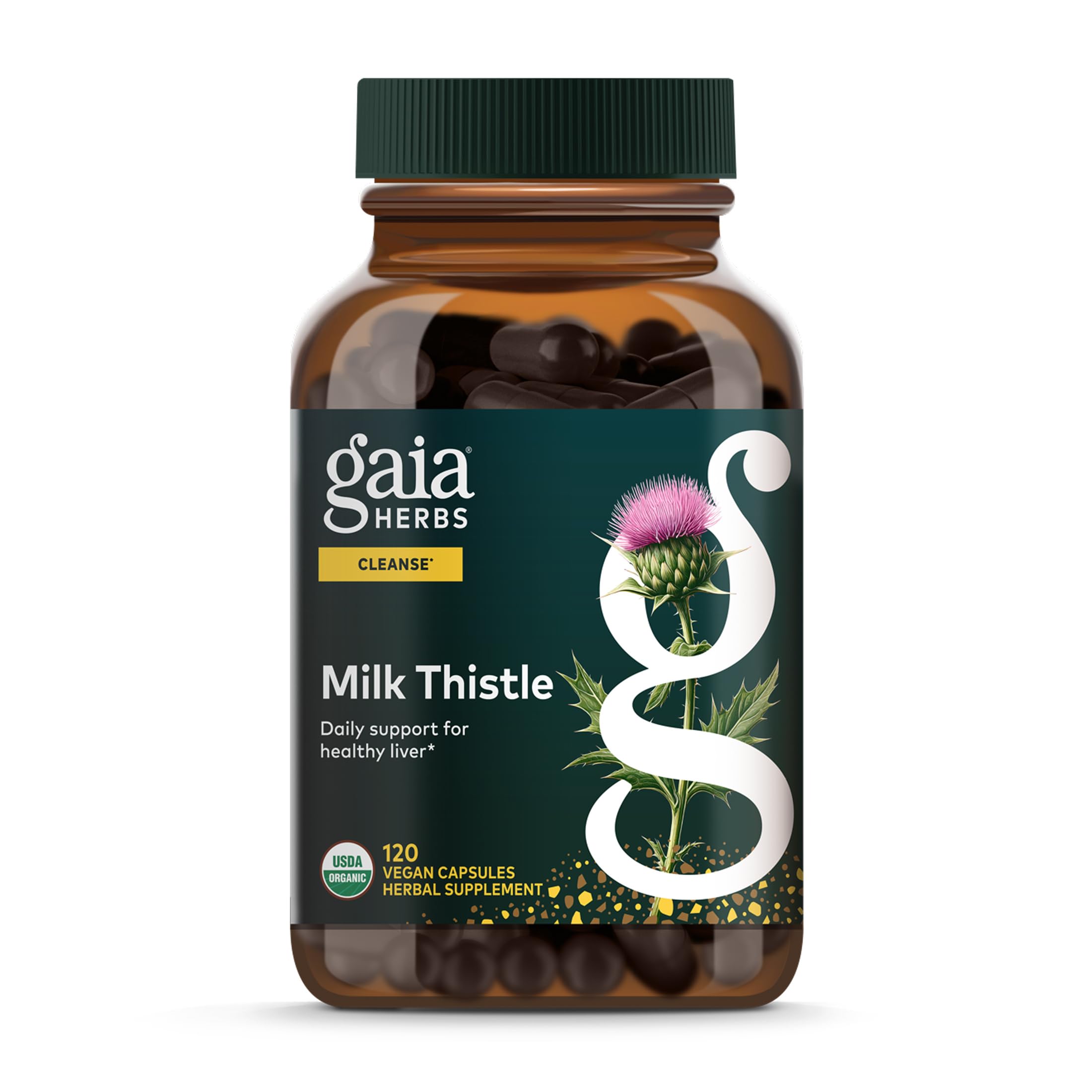 Gaia Herbs Milk Thistle bottle front, highlighting liver support and digestive balance.