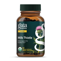 Gaia Herbs Milk Thistle bottle front for daily liver support and digestive wellness