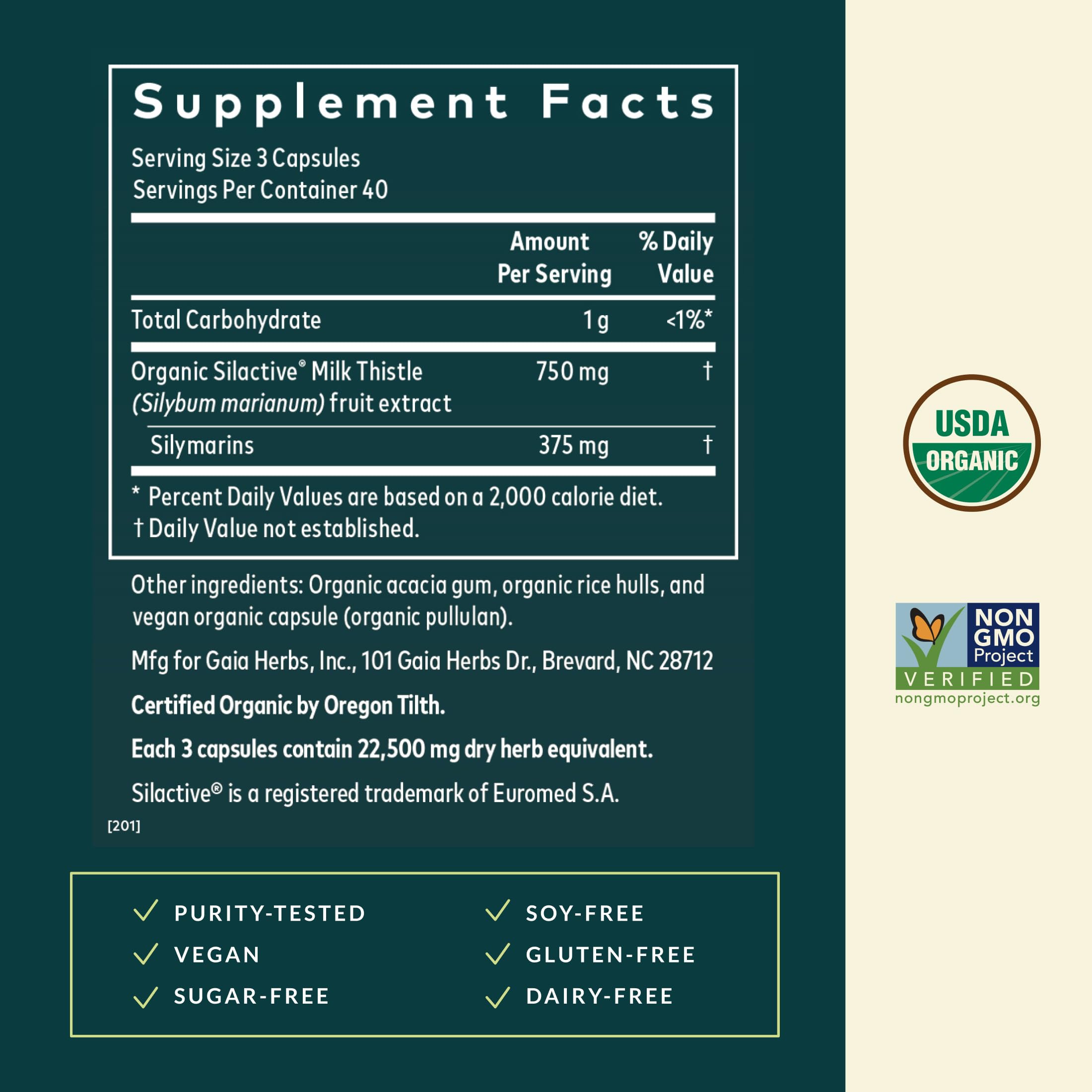 Close-up of Gaia Herbs Milk Thistle capsules in vegan form.