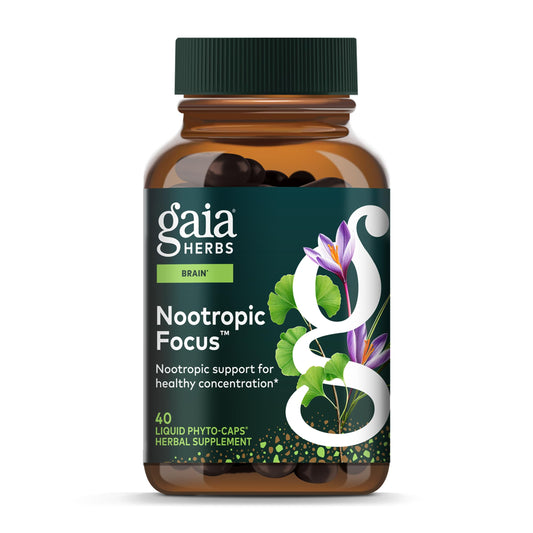 Gaia Herbs Nootropic Focus bottle front highlighting saffron and lemon balm for daily focus.
