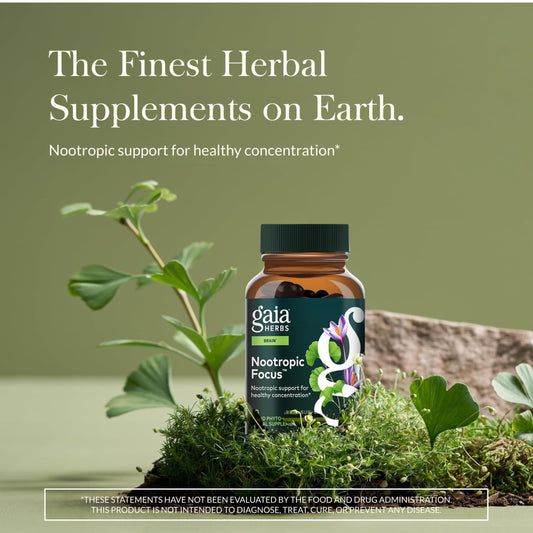 Gaia Herbs Nootropic Focus label close-up emphasizes clean ingredients and quality.