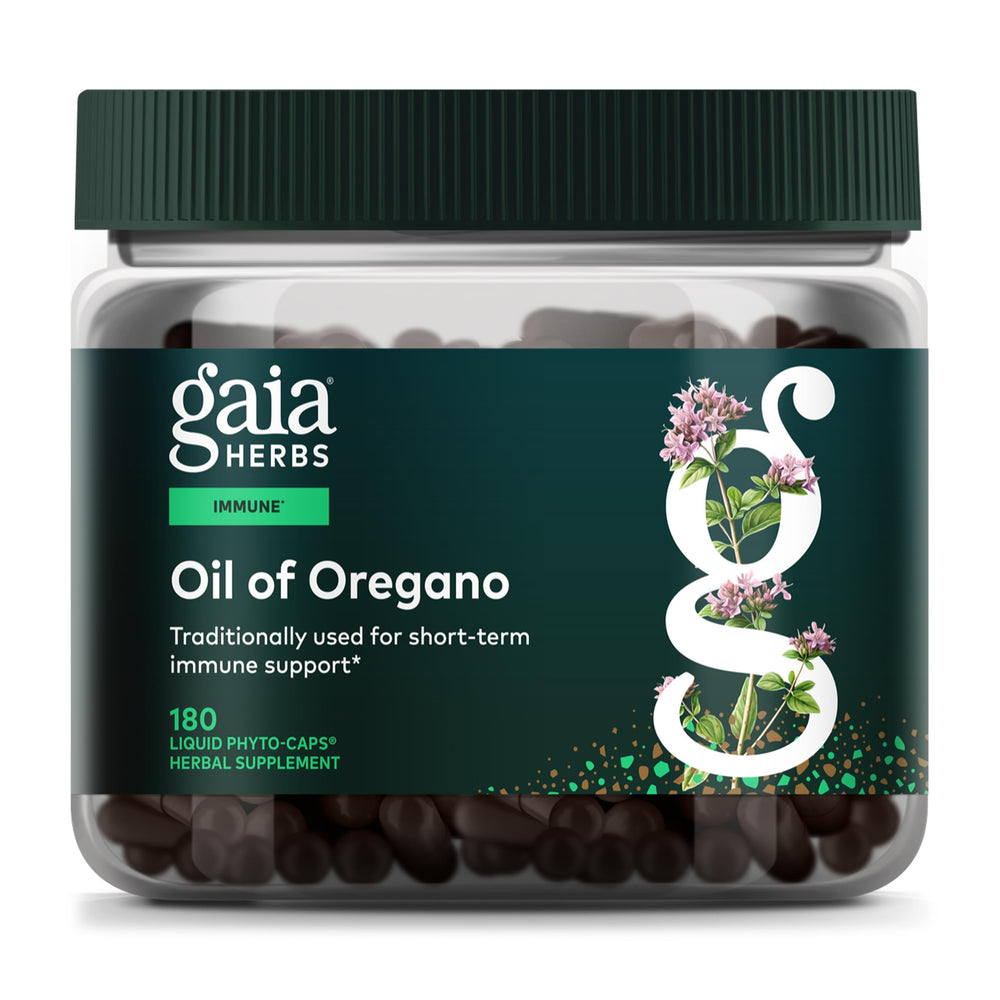 Gaia Herbs Oil of Oregano bottle with label highlights immune-support potential.