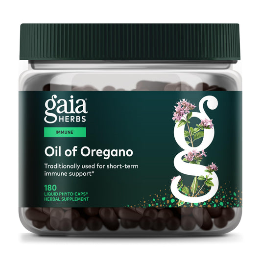 Gaia Herbs Oil of Oregano bottle with label highlights immune-support potential.