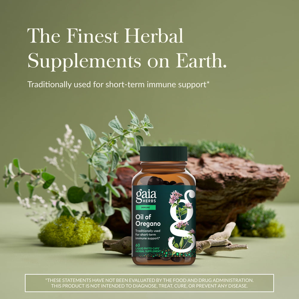 Gaia Herbs Oil of Oregano capsules shown for easy daily wellness routine