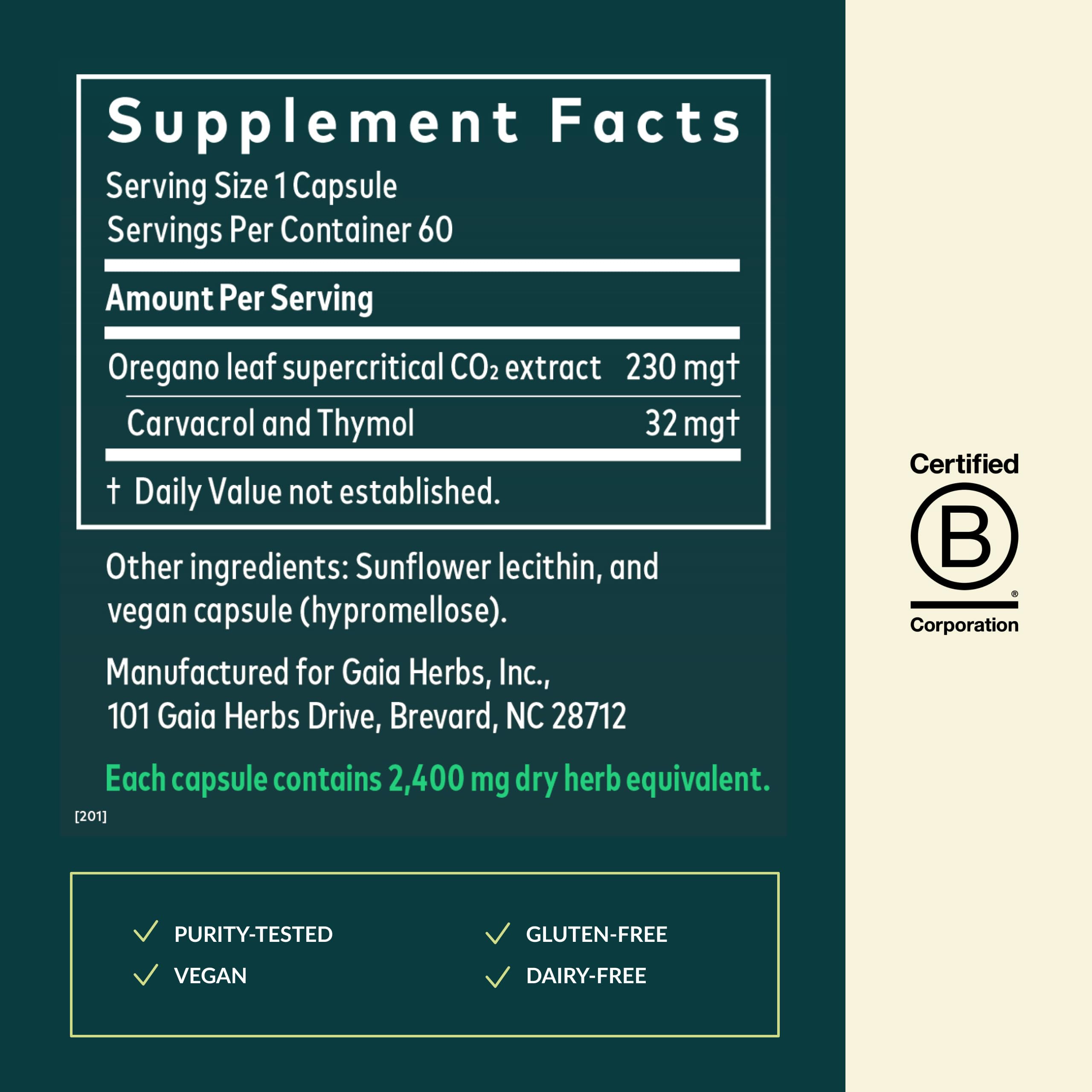 Gaia Herbs Oil of Oregano ingredients emphasizing carvacrol and thymol content