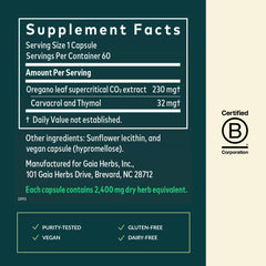 Gaia Herbs Oil of Oregano ingredients emphasizing carvacrol and thymol content