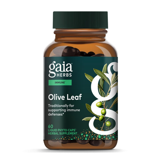 Gaia Herbs Olive Leaf bottle with label highlighting olive leaf extract for immune support