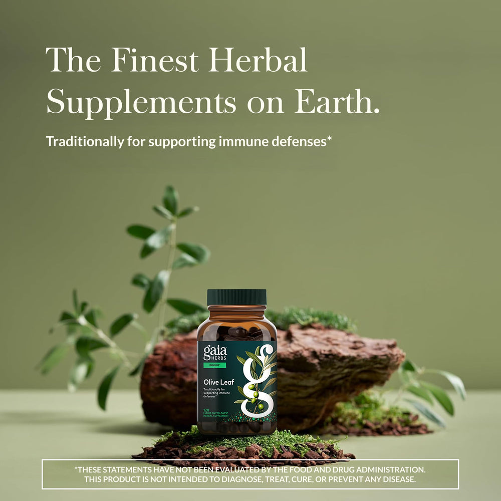 Gaia Herbs Olive Leaf capsules close-up for convenient immune support.