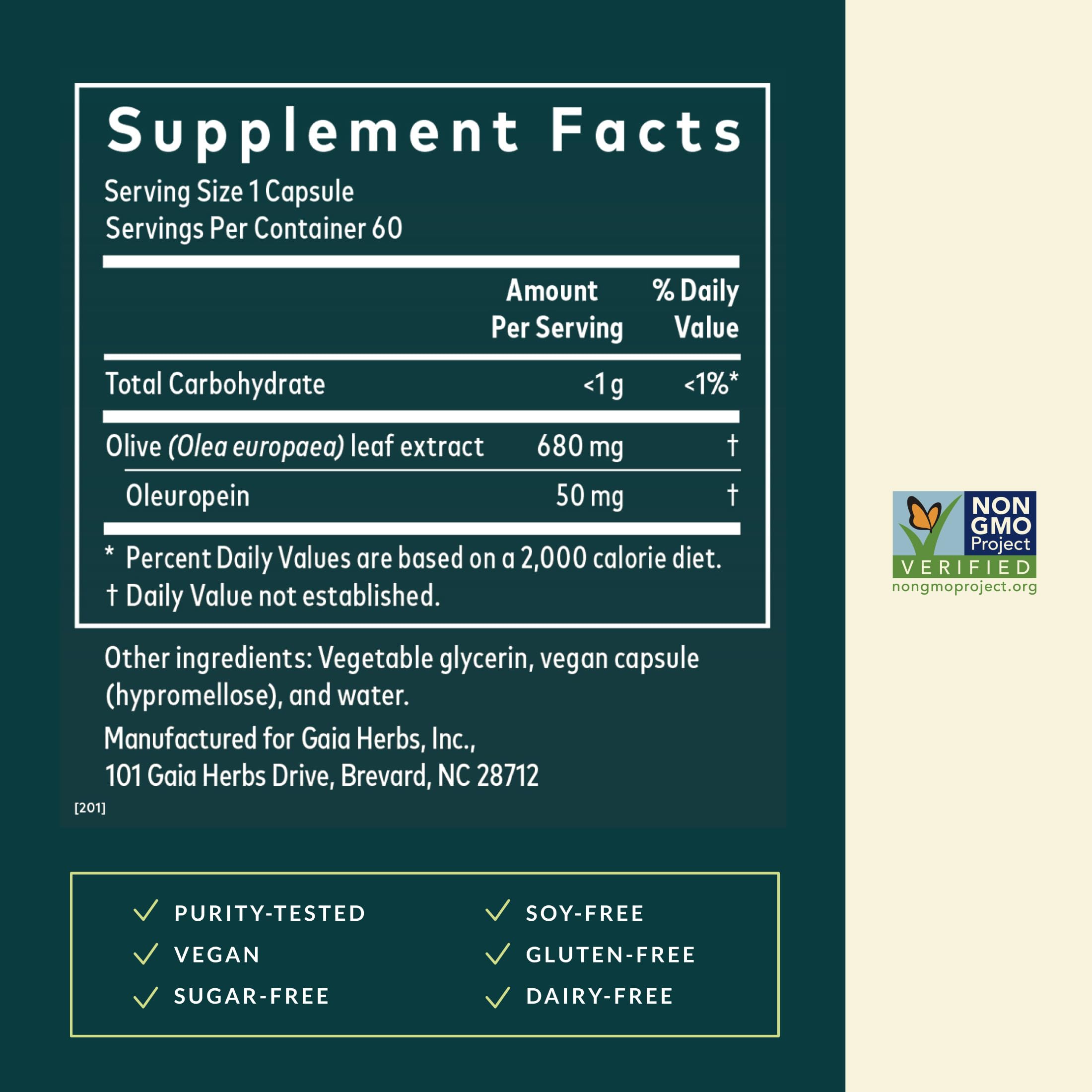 Gaia Herbs Olive Leaf capsules closeup indicating vegan phyto-caps for daily use