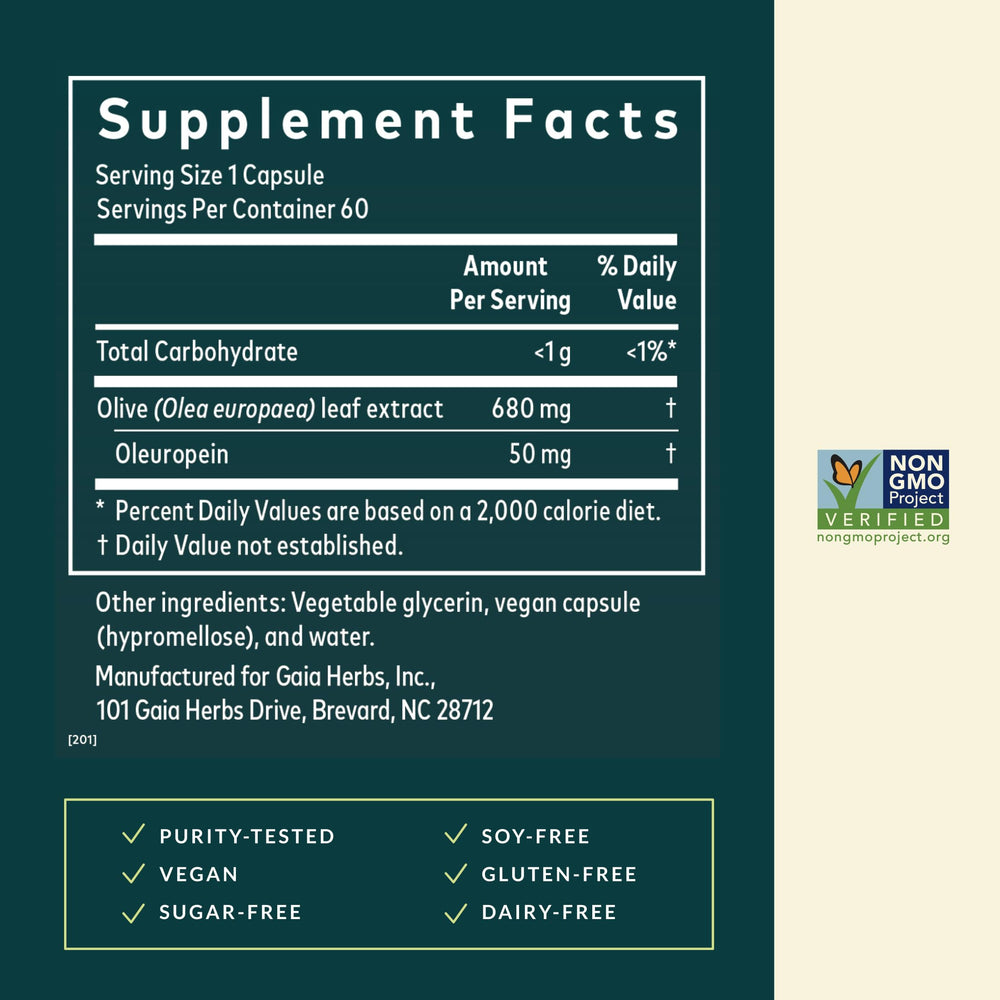 Gaia Herbs Olive Leaf capsules closeup indicating vegan phyto-caps for daily use
