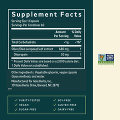 Gaia Herbs Olive Leaf capsules closeup indicating vegan phyto-caps for daily use