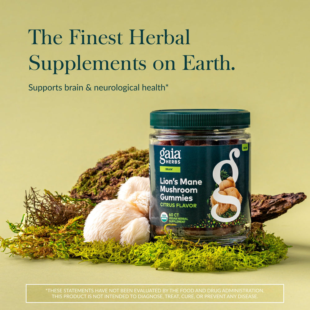 Gaia Herbs organic Lions Mane extract vial for focus support.