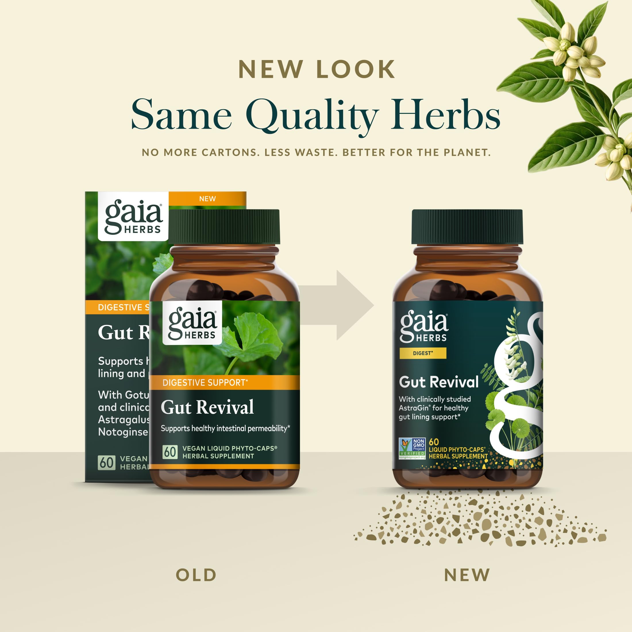 Gaia Herbs packaging highlighting recyclable materials.