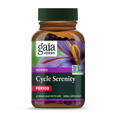 Gaia Herbs Period Cycle Serenity bottle with vegan capsules for daily mood balance.