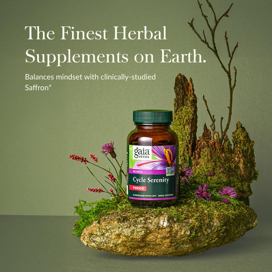 Gaia Herbs Period Cycle Serenity label close-up highlighting saffron and herbal blend.