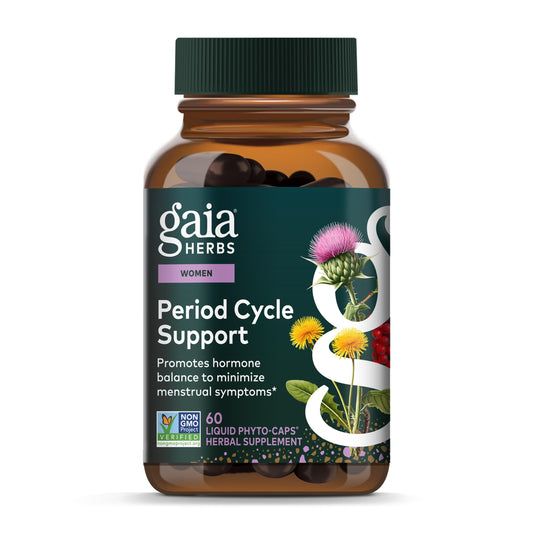 Gaia Herbs Period Cycle Support bottle showing herbal blend for healthy cycle