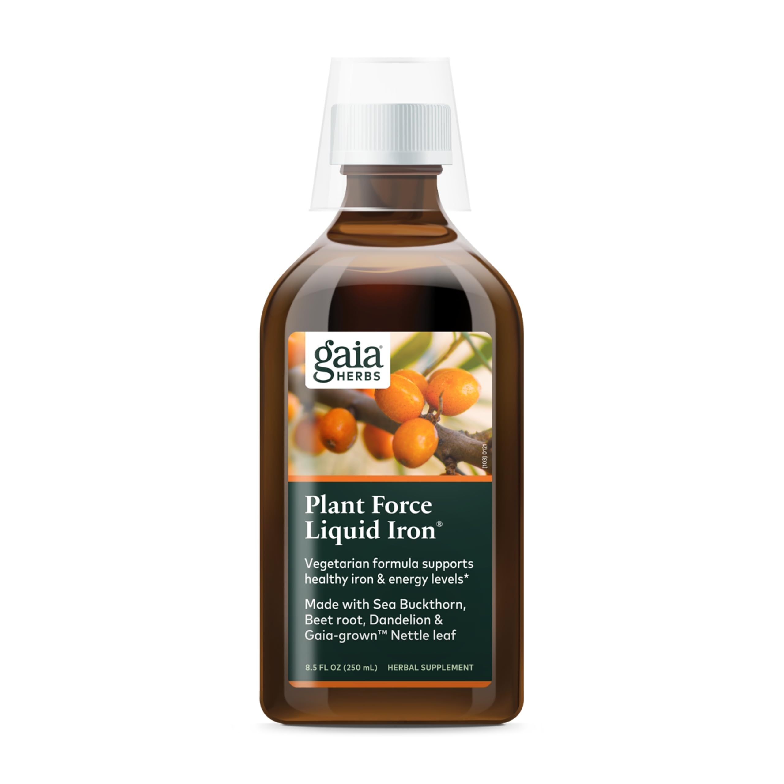 Gaia Herbs Plant Force Liquid Iron bottle on table, suggesting daily energy support