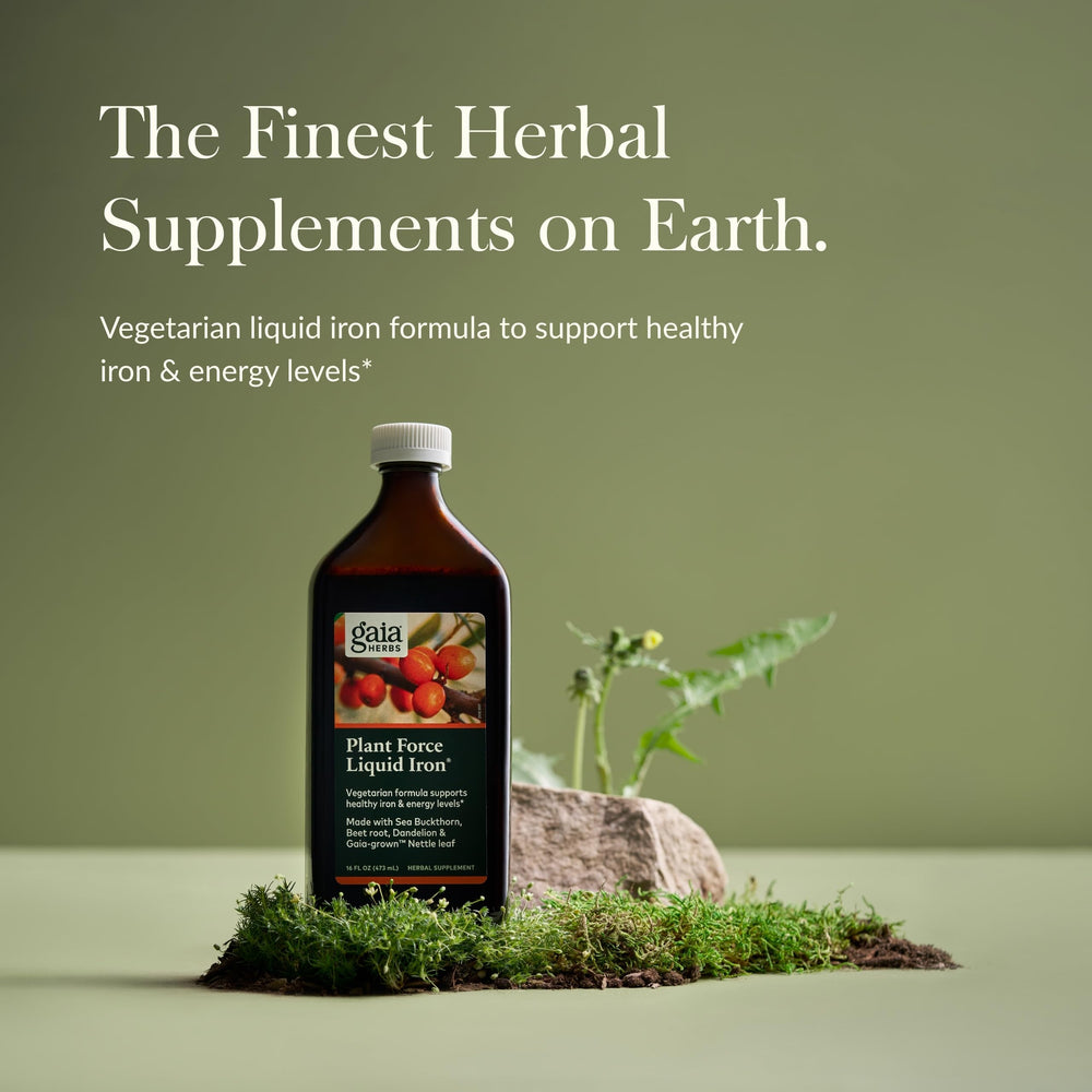 Gaia Herbs Plant Force Liquid Iron star anise close-up, suggesting flavorful iron supplementation