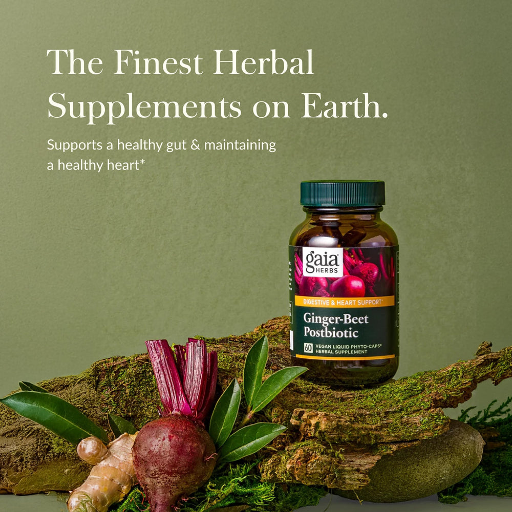 Gaia Herbs postbiotic capsules closeup showing vegan, plant-based formula.