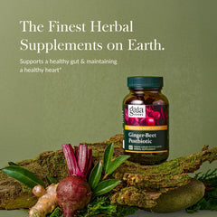 Gaia Herbs postbiotic capsules closeup showing vegan, plant-based formula.