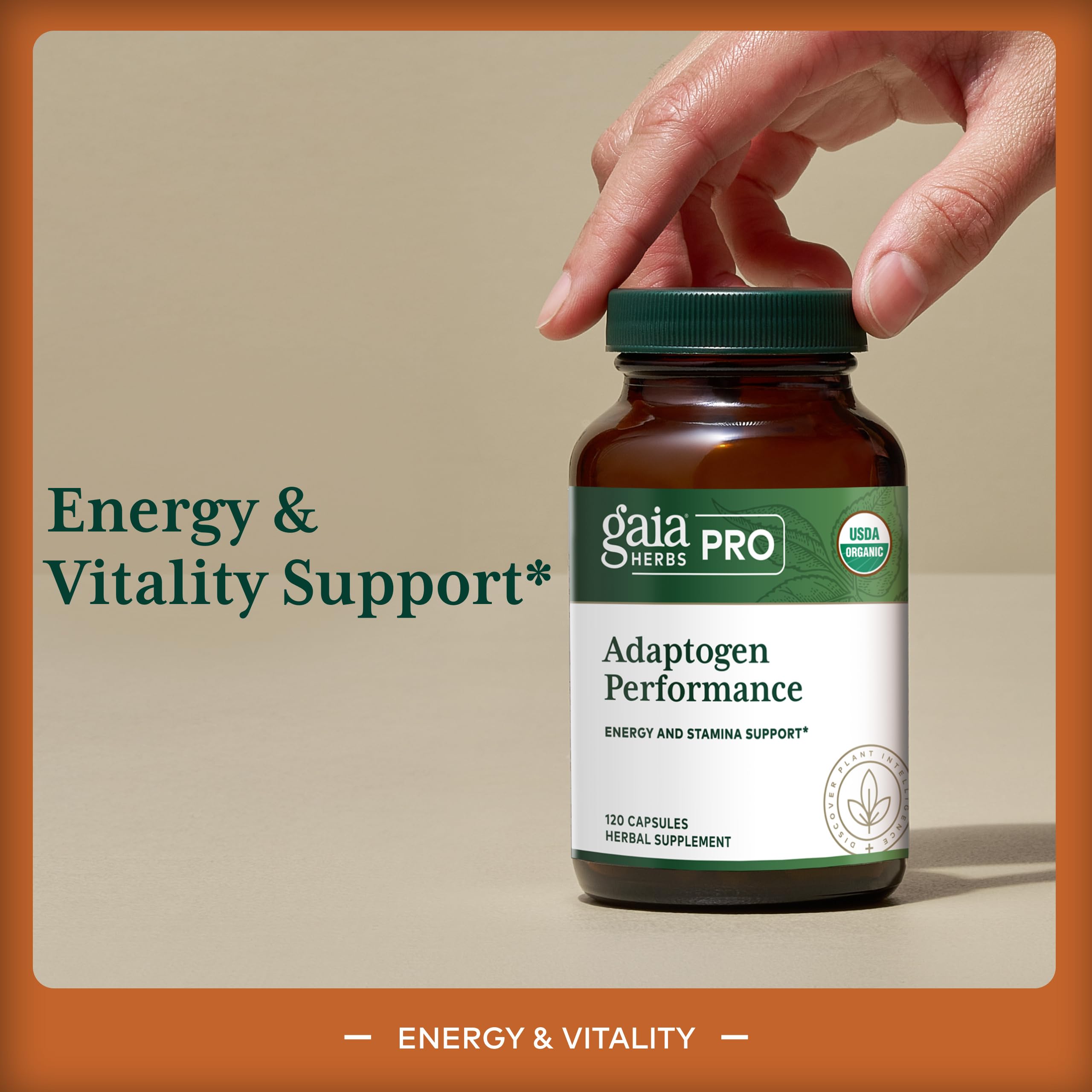 Gaia Herbs PRO Adaptogen Performance capsules shown for sustained energy and endurance.