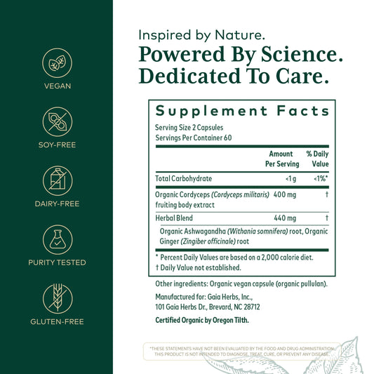Gaia Herbs PRO Adaptogen Performance label close-up highlighting cordyceps and ashwagandha.